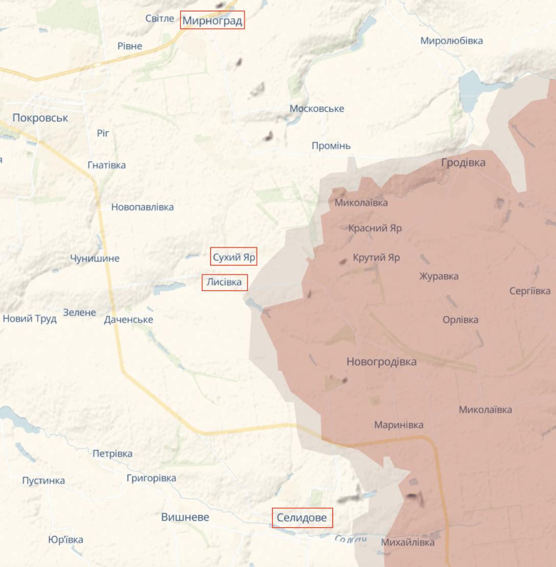 Селидово, Лысовка, Сухой Яр, Мирноград, Покровское направление, карта боевых действий